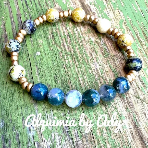 Yellow Turquoise and moss agate beaded bracelet /protection and peace - Picture 1 of 6